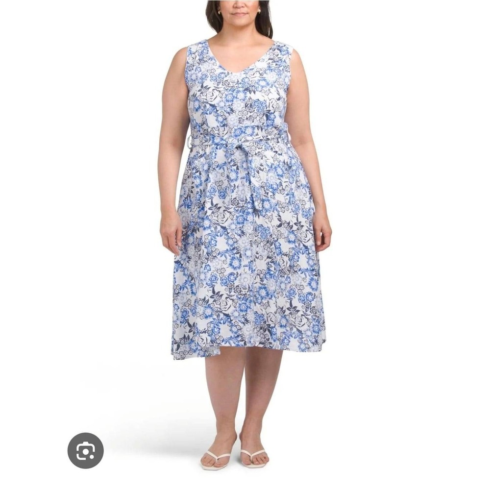 Cristina Vergani Blue Floral V-Neck Sleeveless Midi Dress –‎ L